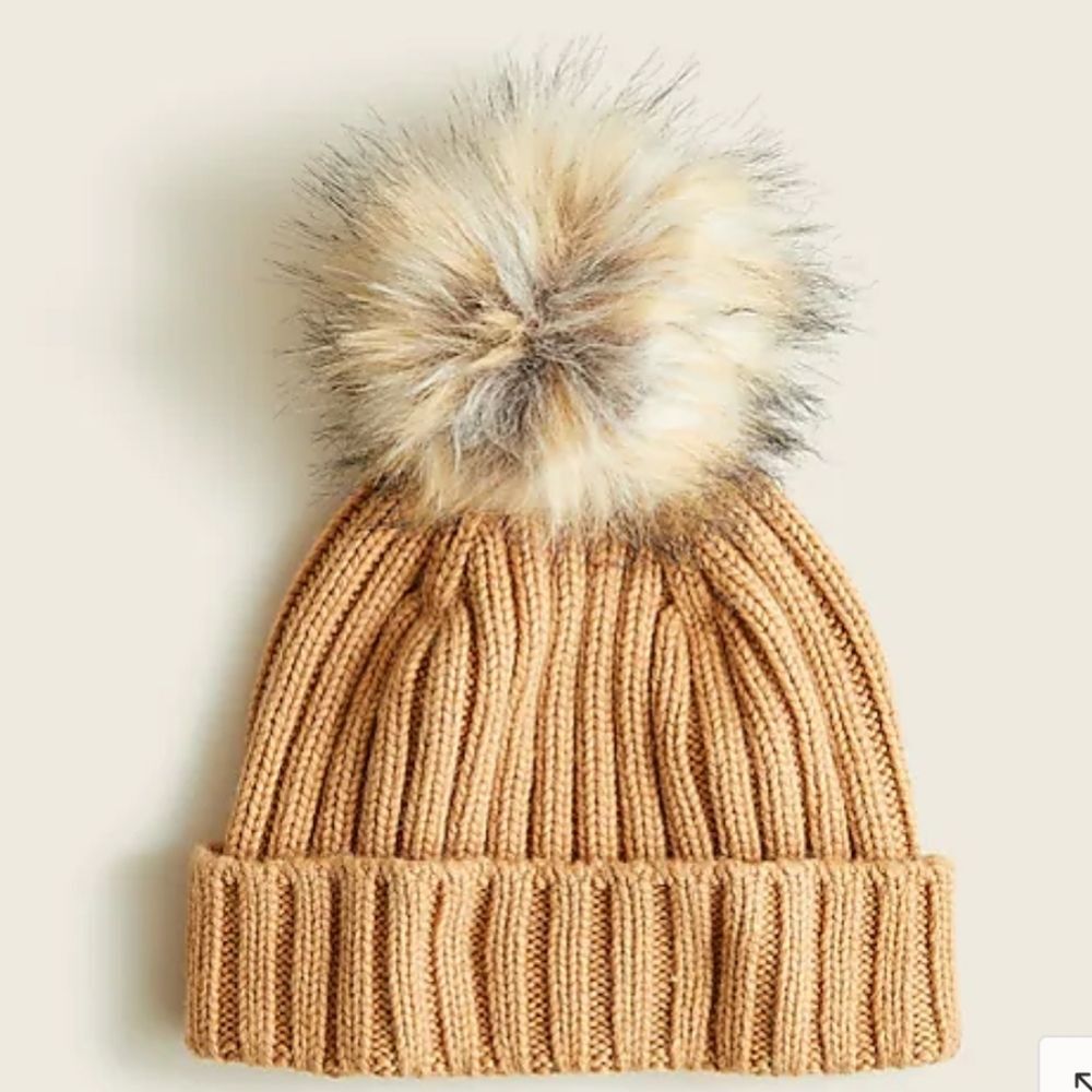 J. Crew Ribbed Knit Faux Fur Pom Pom Beanie in Light Caramel